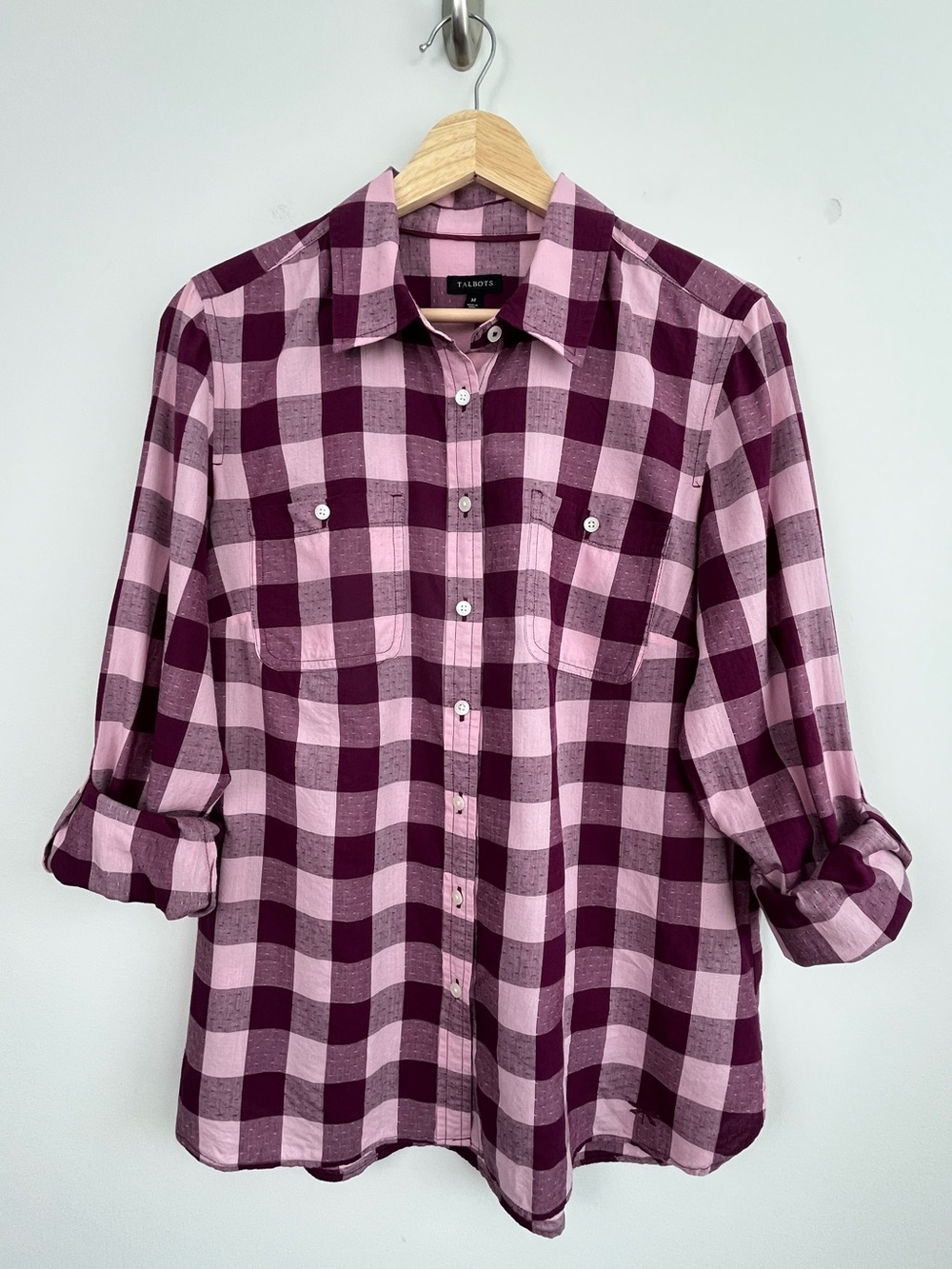 Talbots purple buffalo plaid cotton modal roll tab sleeve button front shirt, M.